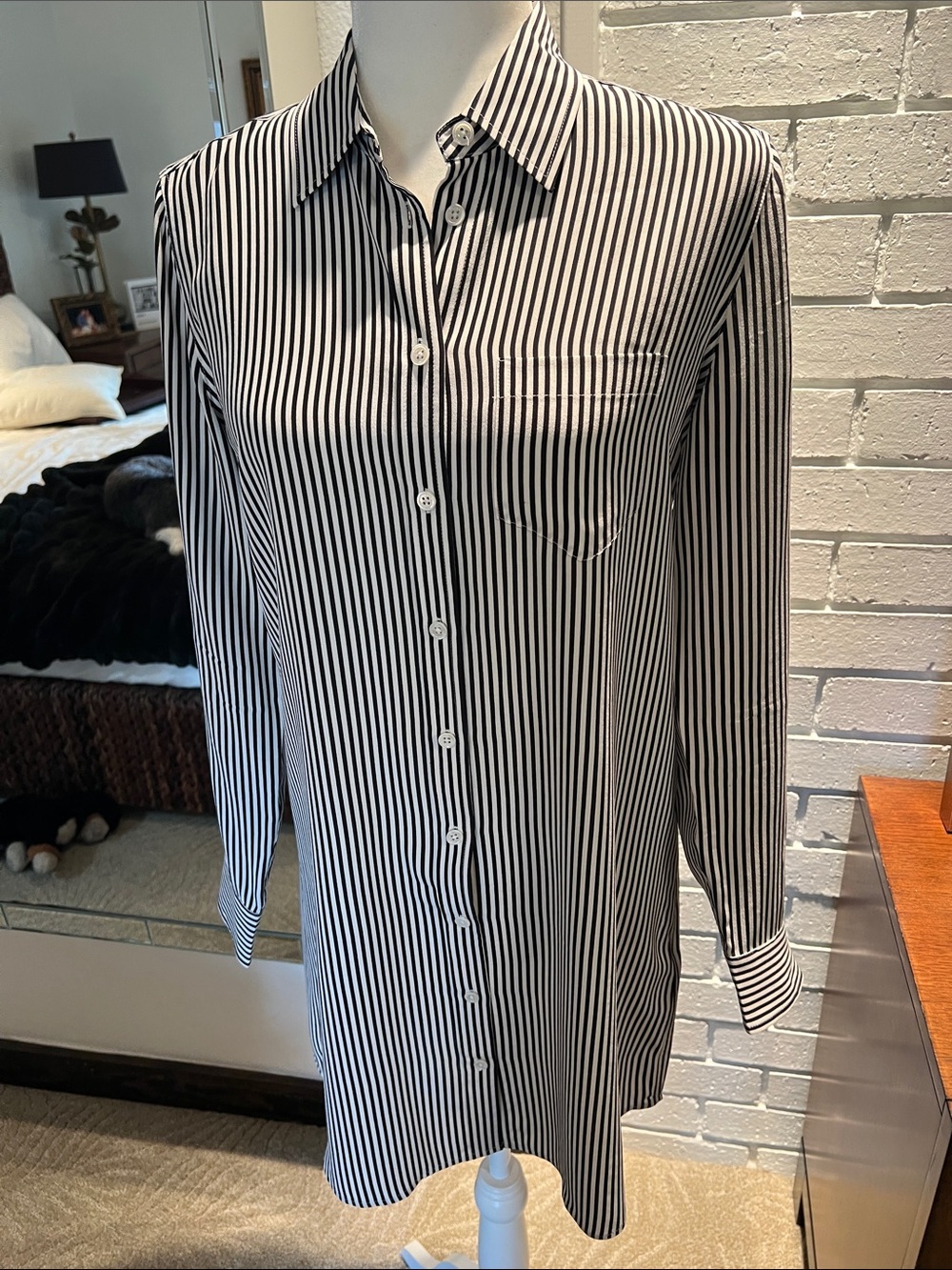 Equipment Black and White Vertical Stripe Button-Down Shirt